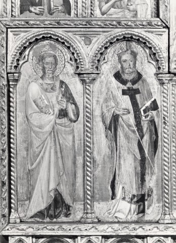 A. Villani e Figli — Giovanni da Bologna - sec. XIV - San Pietro; Santo vescovo — particolare, santi lato sinistro